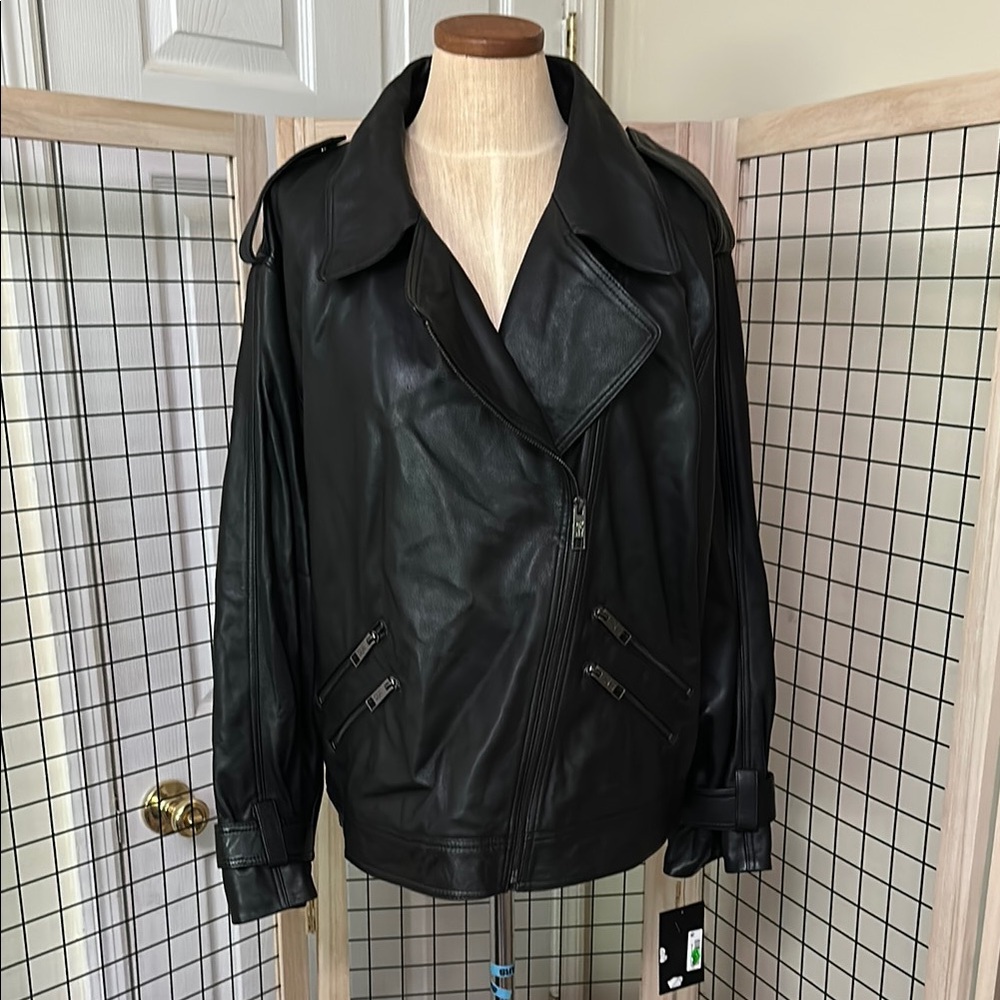 Dkny Black Lambskin Leather Moto Jacket